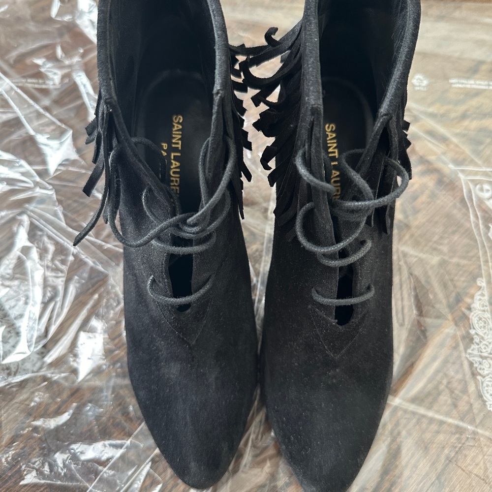 Saint Laurent Black Suede Fringe Ankle Booties